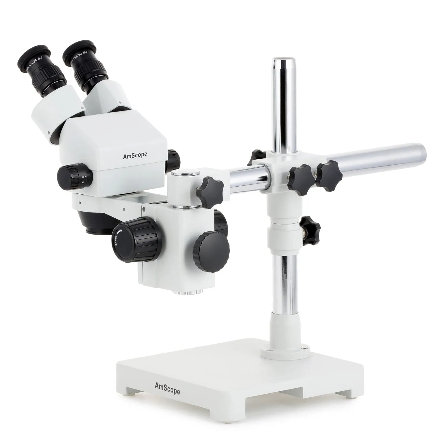 AmScope SM-3 Series Zoom Binocular Stereo Microscope with 30W LED Fiber Optic Ring Light and Optional Digital Camera on Single Arm Boom Stand