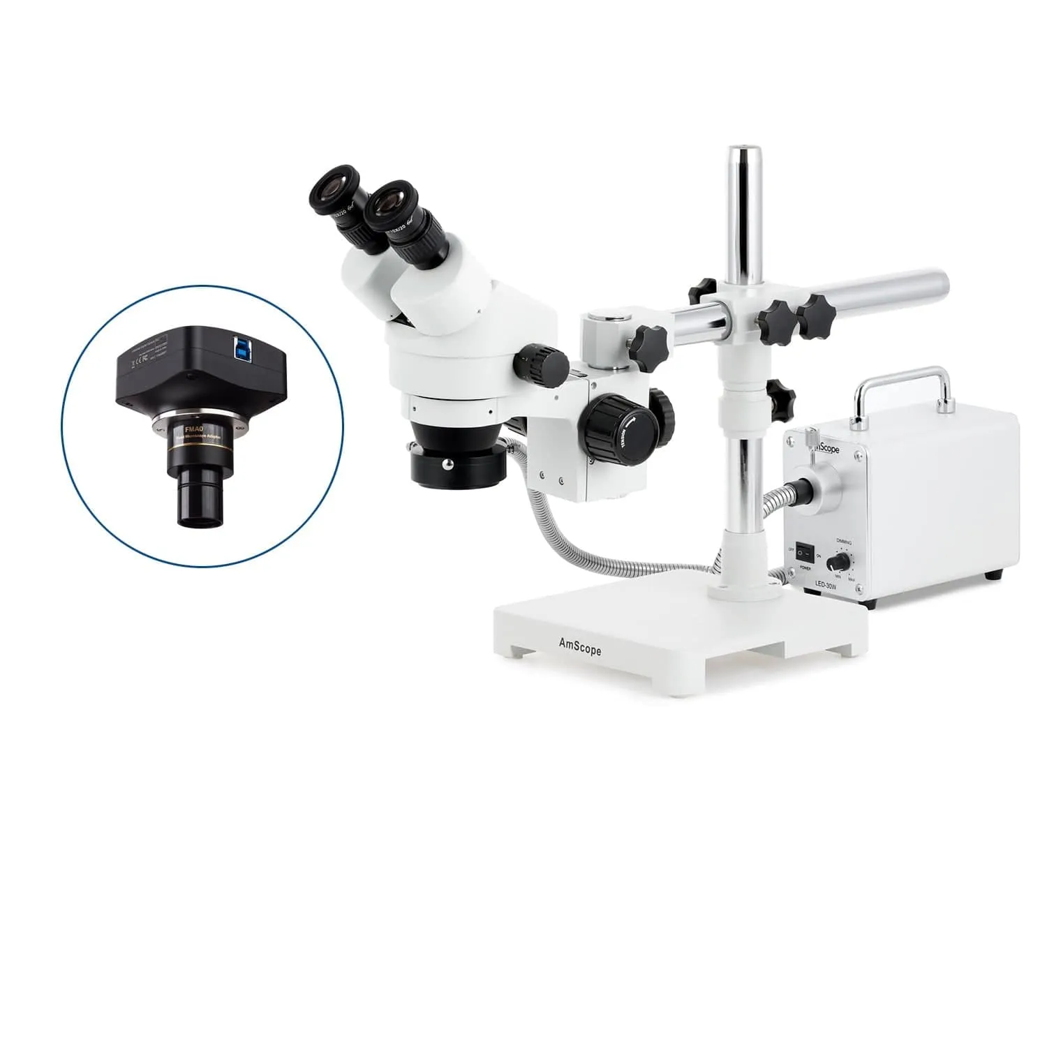 AmScope SM-3 Series Zoom Binocular Stereo Microscope with 30W LED Fiber Optic Ring Light and Optional Digital Camera on Single Arm Boom Stand