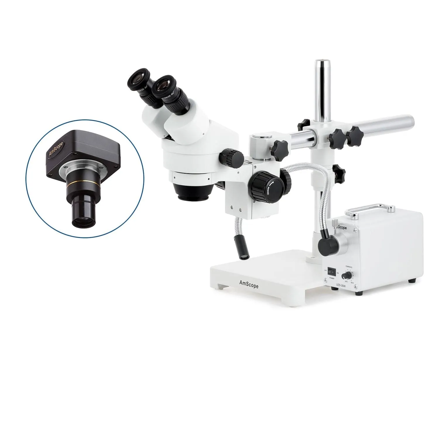 AmScope SM-3 Series Zoom Binocular Stereo Microscope with 30W LED Single Fiber Optic Gooseneck Light and Optional Digital Camera on Single Arm Boom Stand