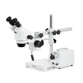 AmScope SM-3 Series Zoom Binocular Stereo Microscope with 30W LED Single Fiber Optic Gooseneck Light and Optional Digital Camera on Single Arm Boom Stand