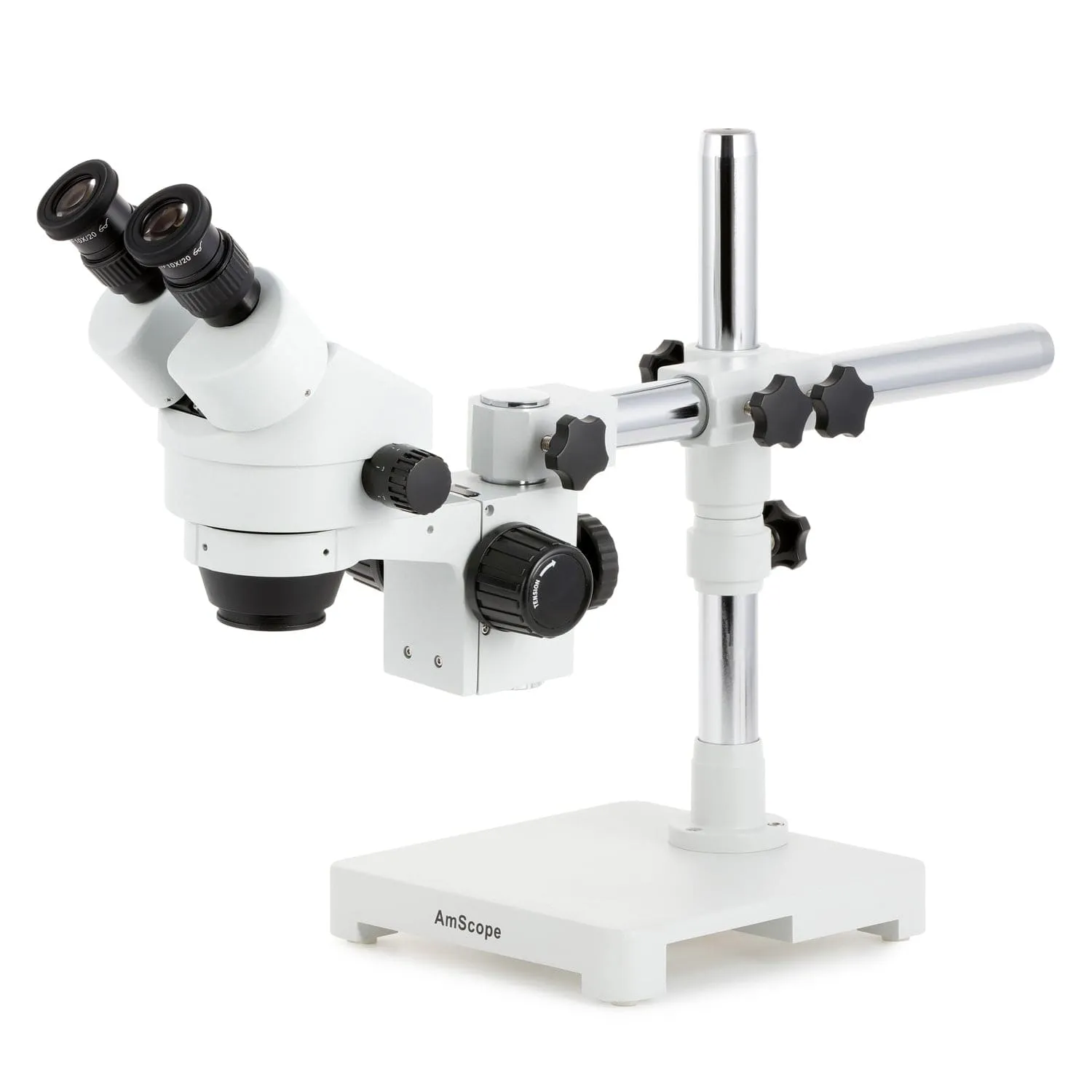 AmScope SM-3 Series Zoom Binocular Stereo Microscope with 30W LED Single Fiber Optic Gooseneck Light and Optional Digital Camera on Single Arm Boom Stand