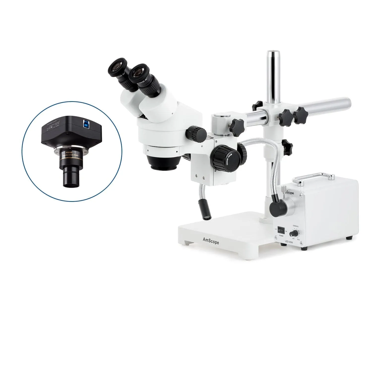 AmScope SM-3 Series Zoom Binocular Stereo Microscope with 30W LED Single Fiber Optic Gooseneck Light and Optional Digital Camera on Single Arm Boom Stand