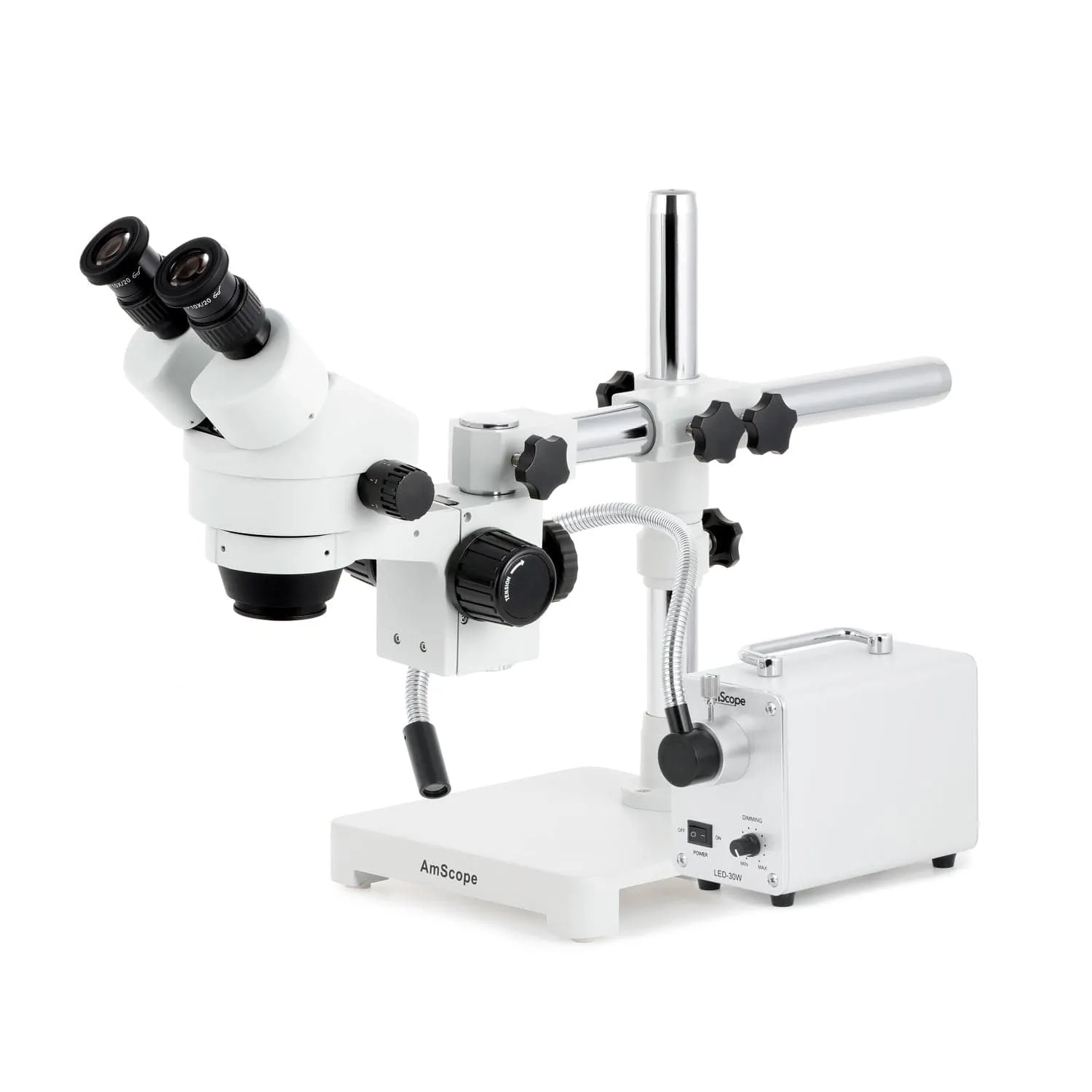 AmScope SM-3 Series Zoom Binocular Stereo Microscope with 30W LED Single Fiber Optic Gooseneck Light and Optional Digital Camera on Single Arm Boom Stand