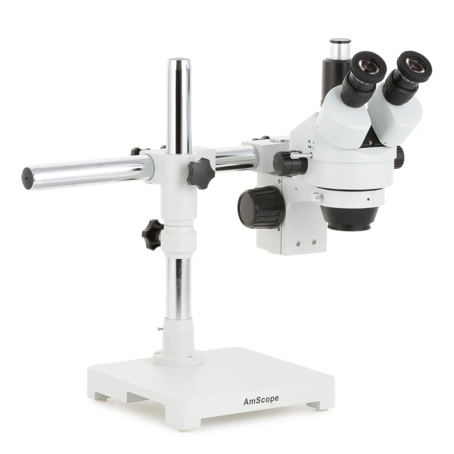 AmScope SM-3 Series Zoom Trinocular Stereo Microscope with 30W LED Fiber Optic Ring Light and Optional Digital Camera on Single Arm Boom Stand