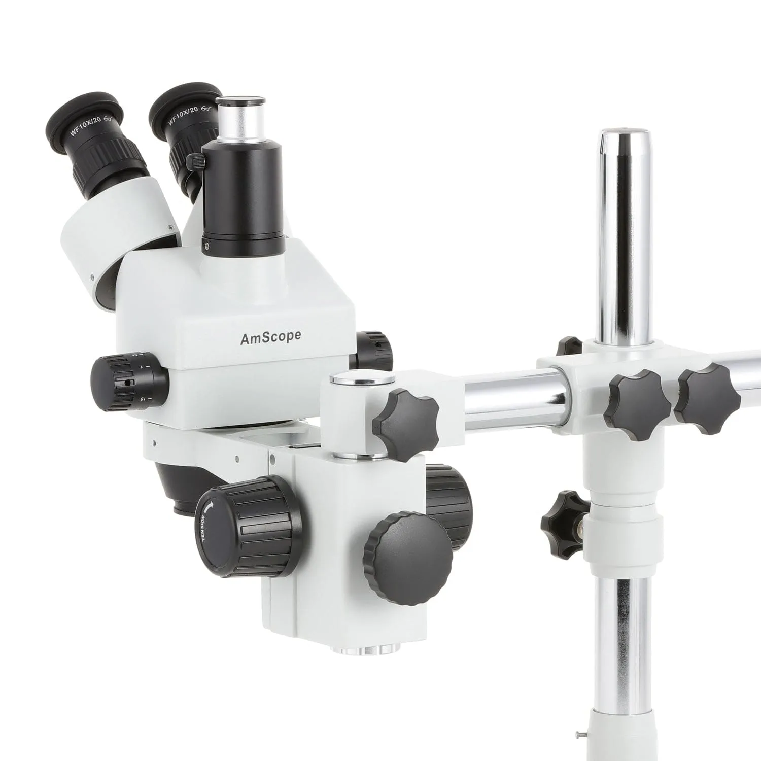 AmScope SM-3 Series Zoom Trinocular Stereo Microscope with 30W LED Single Fiber Optic Gooseneck Light and Optional Digital Camera on Single Arm Boom Stand