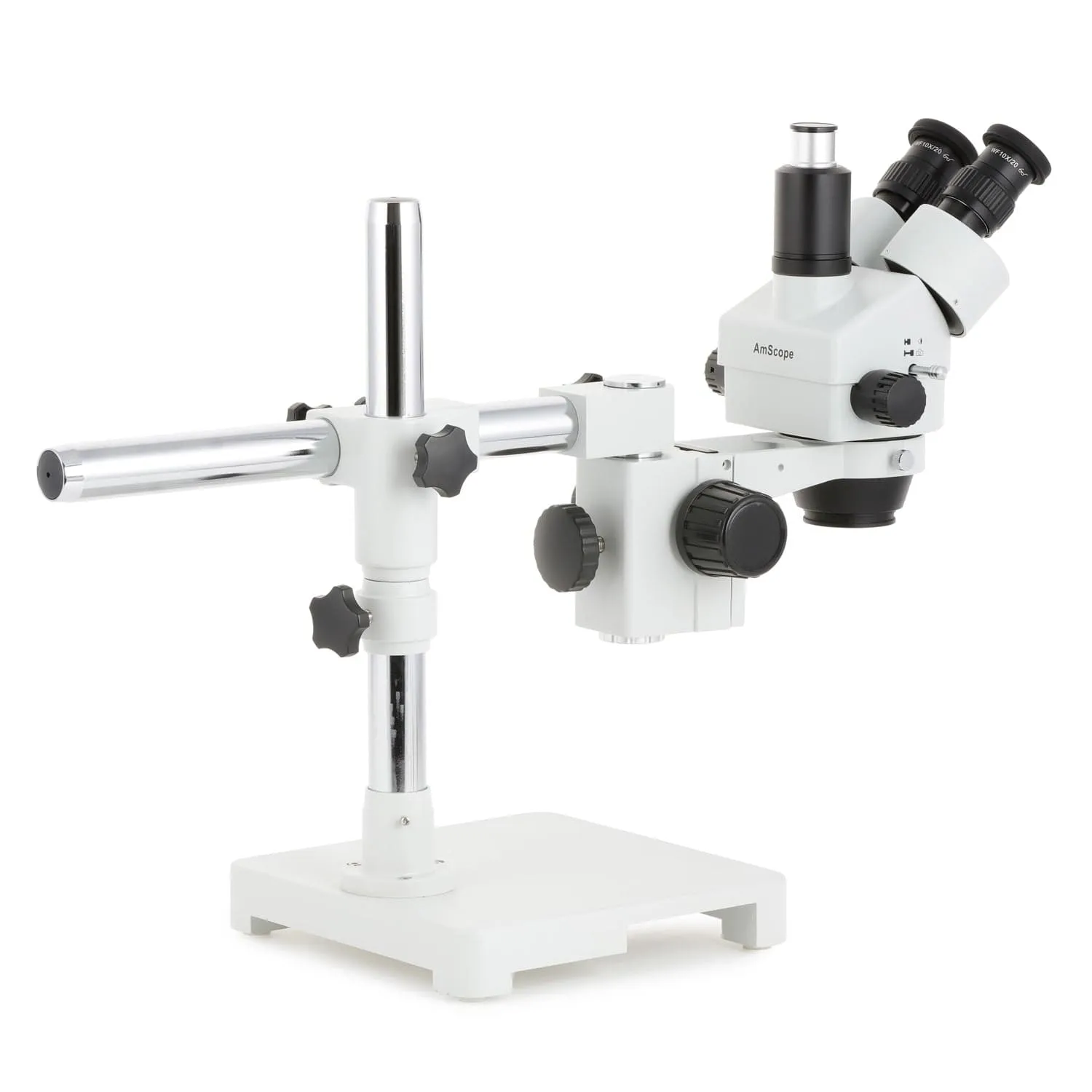 AmScope SM-3 Series Zoom Trinocular Stereo Microscope with 30W LED Single Fiber Optic Gooseneck Light and Optional Digital Camera on Single Arm Boom Stand