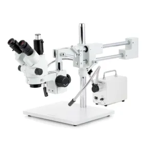 AmScope SM-4 Series Simul-Focal Lockable Zoom Trinocular Stereo Microscope with 30W LED Dual Gooseneck Fiber Optic Lights and Optional Digital Camera on Double Arm Boom Stand