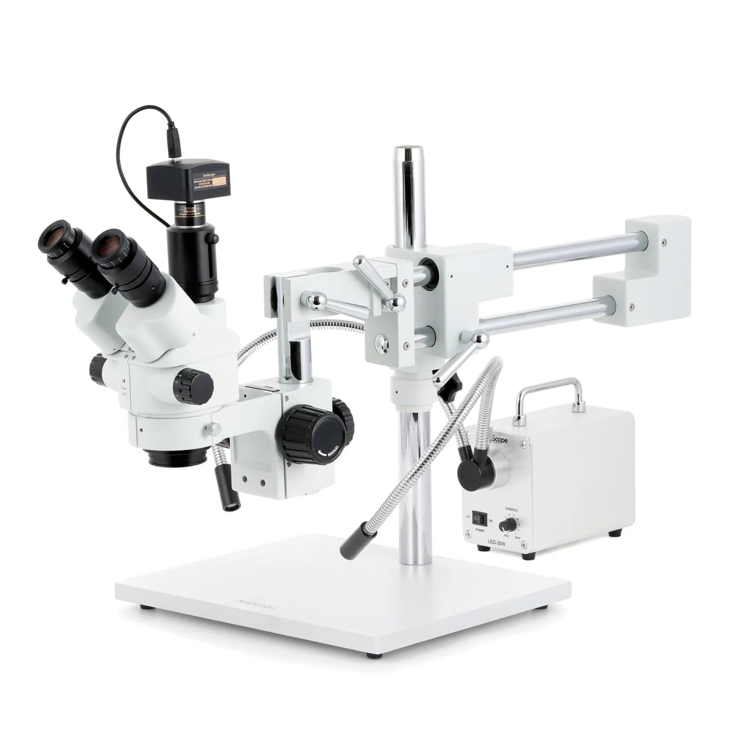 AmScope SM-4 Series Simul-Focal Lockable Zoom Trinocular Stereo Microscope with 30W LED Dual Gooseneck Fiber Optic Lights and Optional Digital Camera on Double Arm Boom Stand
