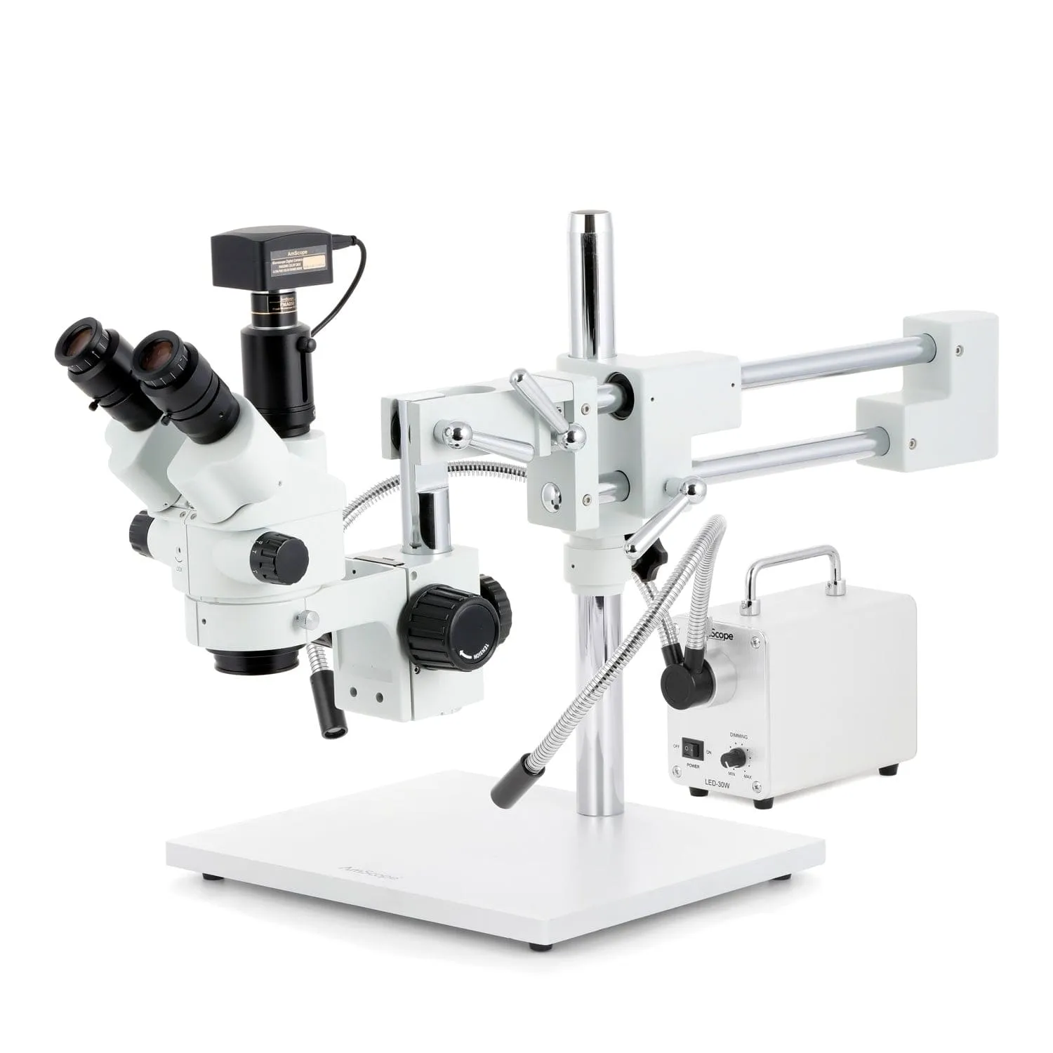 AmScope SM-4 Series Simul-Focal Lockable Zoom Trinocular Stereo Microscope with 30W LED Dual Gooseneck Fiber Optic Lights and Optional Digital Camera on Double Arm Boom Stand