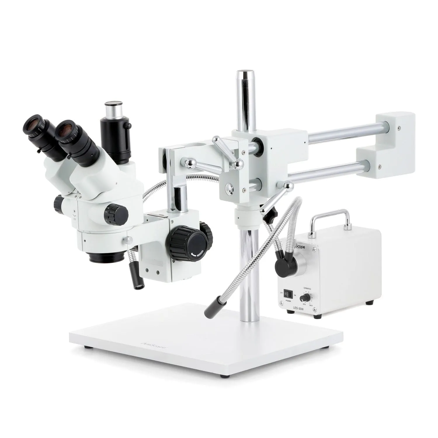 AmScope SM-4 Series Simul-Focal Lockable Zoom Trinocular Stereo Microscope with 30W LED Dual Gooseneck Fiber Optic Lights and Optional Digital Camera on Double Arm Boom Stand