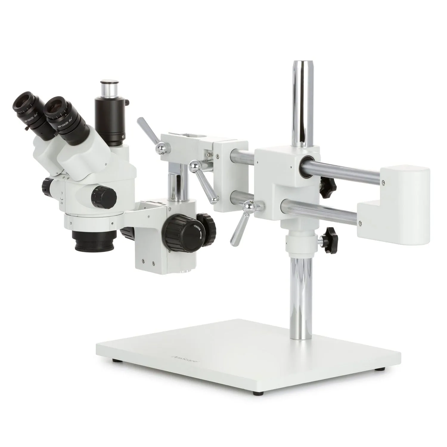 AmScope SM-4 Series Simul-Focal Lockable Zoom Trinocular Stereo Microscope with 30W LED Dual Gooseneck Fiber Optic Lights and Optional Digital Camera on Double Arm Boom Stand