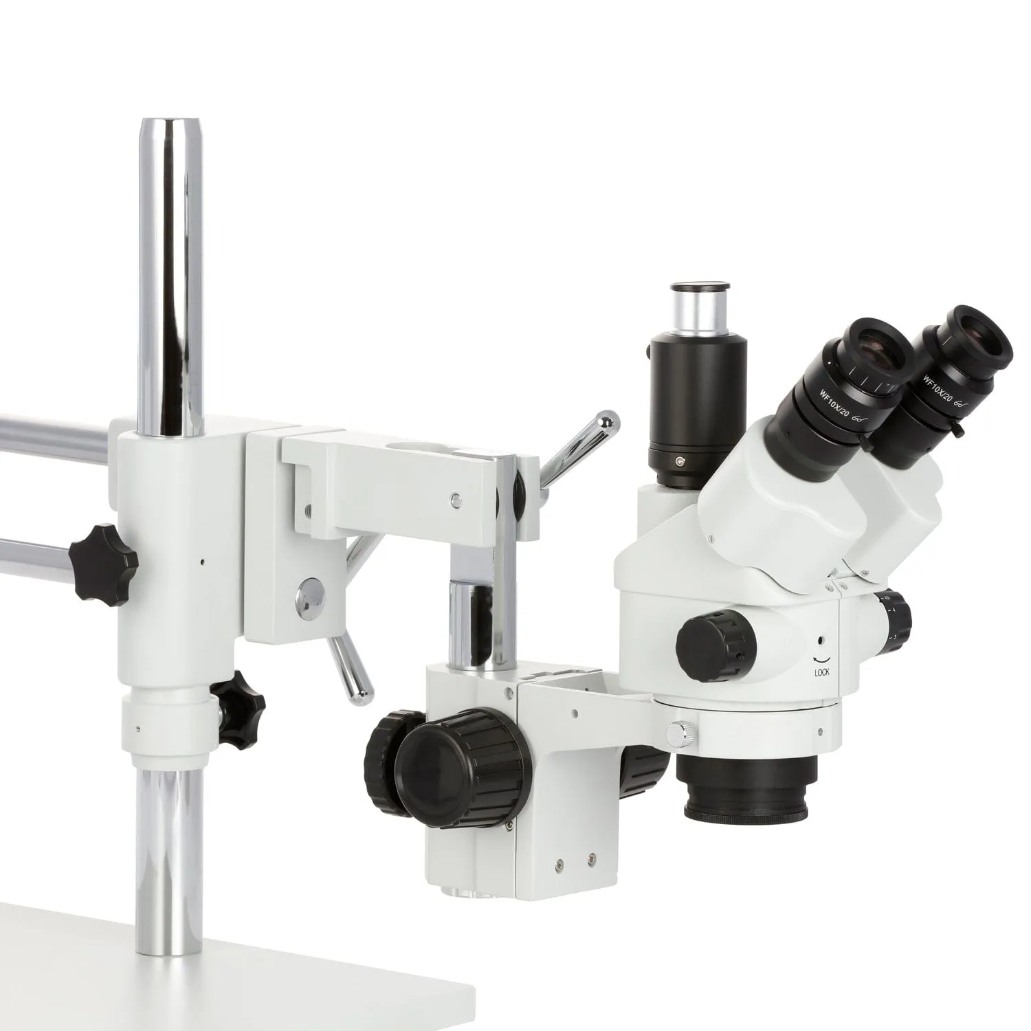 AmScope SM-4 Series Simul-Focal Lockable Zoom Trinocular Stereo Microscope with 30W LED Dual Gooseneck Fiber Optic Lights and Optional Digital Camera on Double Arm Boom Stand