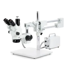 AmScope SM-4 Series Simul-Focal Lockable Zoom Trinocular Stereo Microscope with 30W LED Fiber Optic Ring Light and Optional Digital Camera on Double Arm Boom Stand
