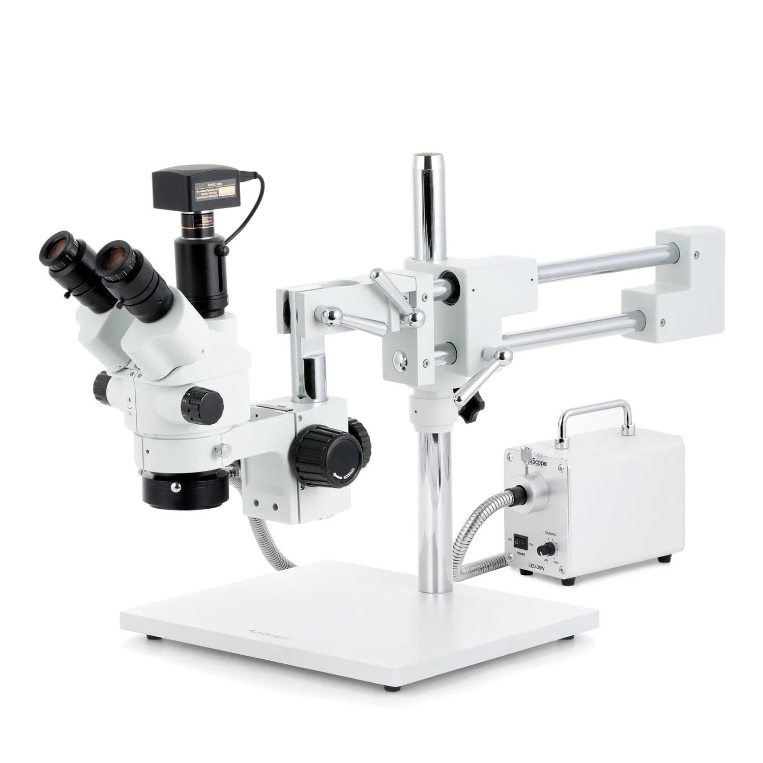 AmScope SM-4 Series Simul-Focal Lockable Zoom Trinocular Stereo Microscope with 30W LED Fiber Optic Ring Light and Optional Digital Camera on Double Arm Boom Stand