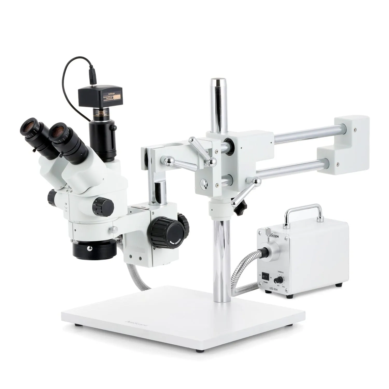 AmScope SM-4 Series Simul-Focal Lockable Zoom Trinocular Stereo Microscope with 30W LED Fiber Optic Ring Light and Optional Digital Camera on Double Arm Boom Stand