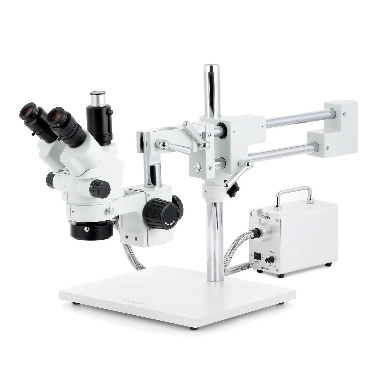 AmScope SM-4 Series Simul-Focal Lockable Zoom Trinocular Stereo Microscope with 30W LED Fiber Optic Ring Light and Optional Digital Camera on Double Arm Boom Stand