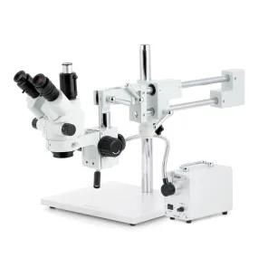 AmScope SM-4 Series Simul-Focal Lockable Zoom Trinocular Stereo Microscope with 30W LED Single Fiber Optic Gooseneck Light and Optional Digital Camera on Double Arm Boom Stand