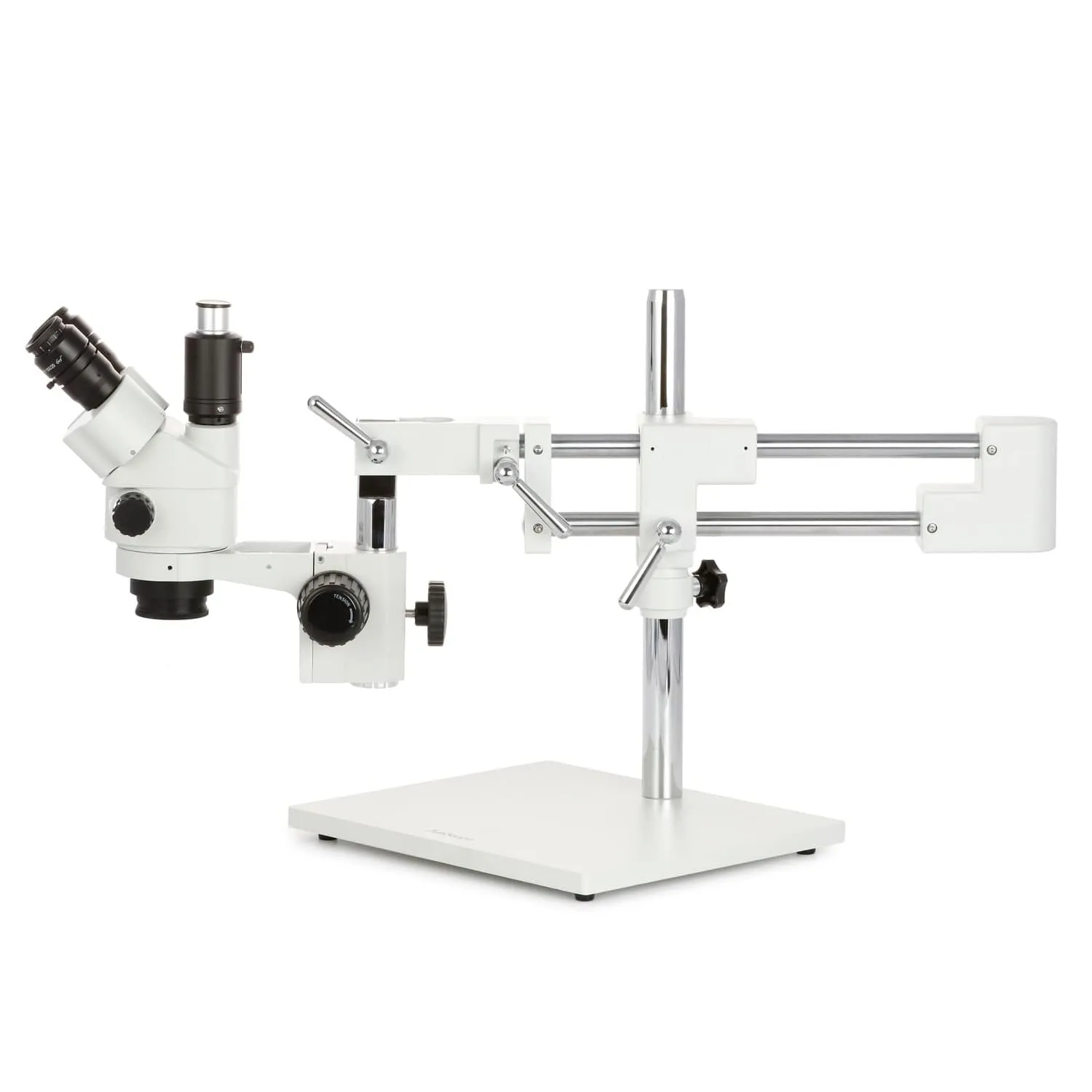 AmScope SM-4 Series Simul-Focal Lockable Zoom Trinocular Stereo Microscope with 30W LED Single Fiber Optic Gooseneck Light and Optional Digital Camera on Double Arm Boom Stand