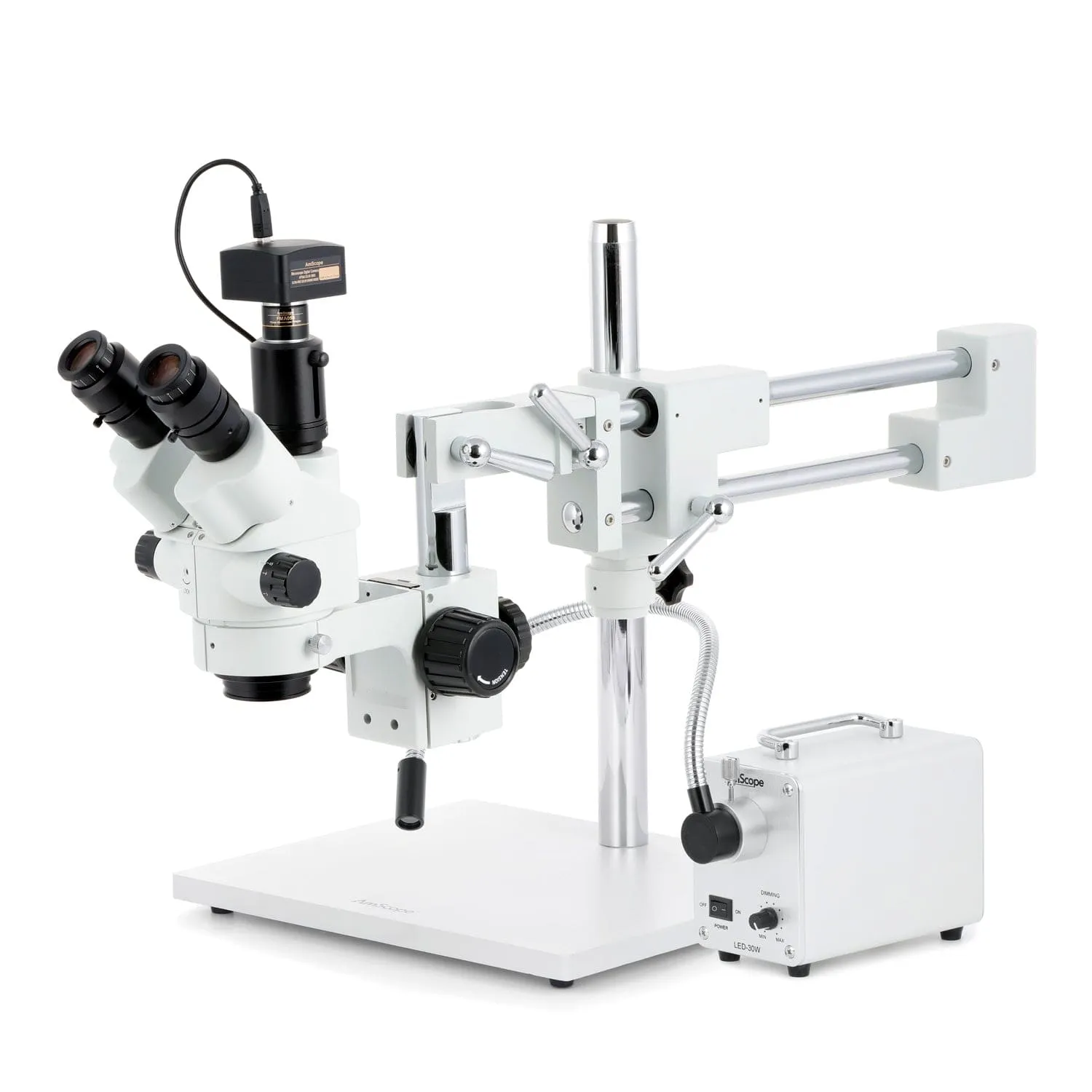 AmScope SM-4 Series Simul-Focal Lockable Zoom Trinocular Stereo Microscope with 30W LED Single Fiber Optic Gooseneck Light and Optional Digital Camera on Double Arm Boom Stand