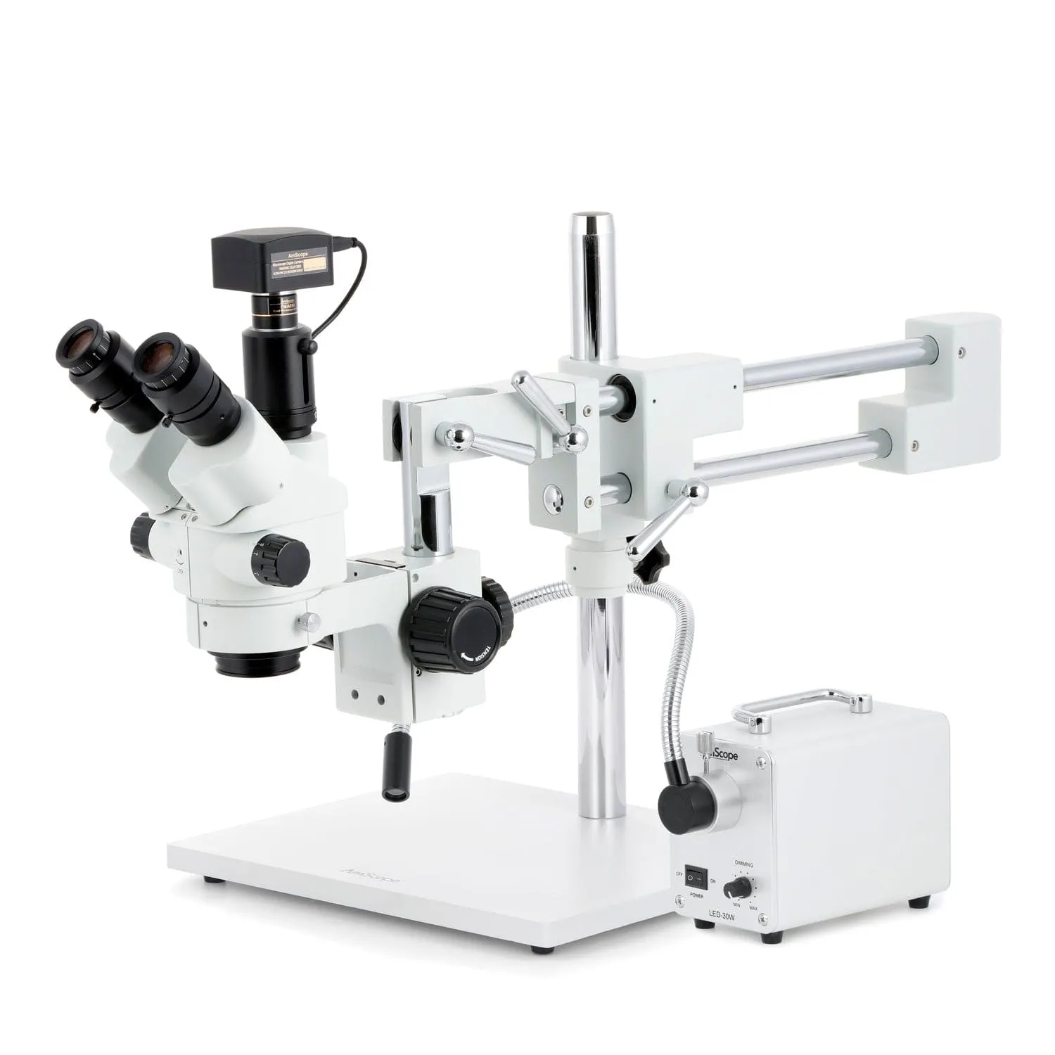 AmScope SM-4 Series Simul-Focal Lockable Zoom Trinocular Stereo Microscope with 30W LED Single Fiber Optic Gooseneck Light and Optional Digital Camera on Double Arm Boom Stand