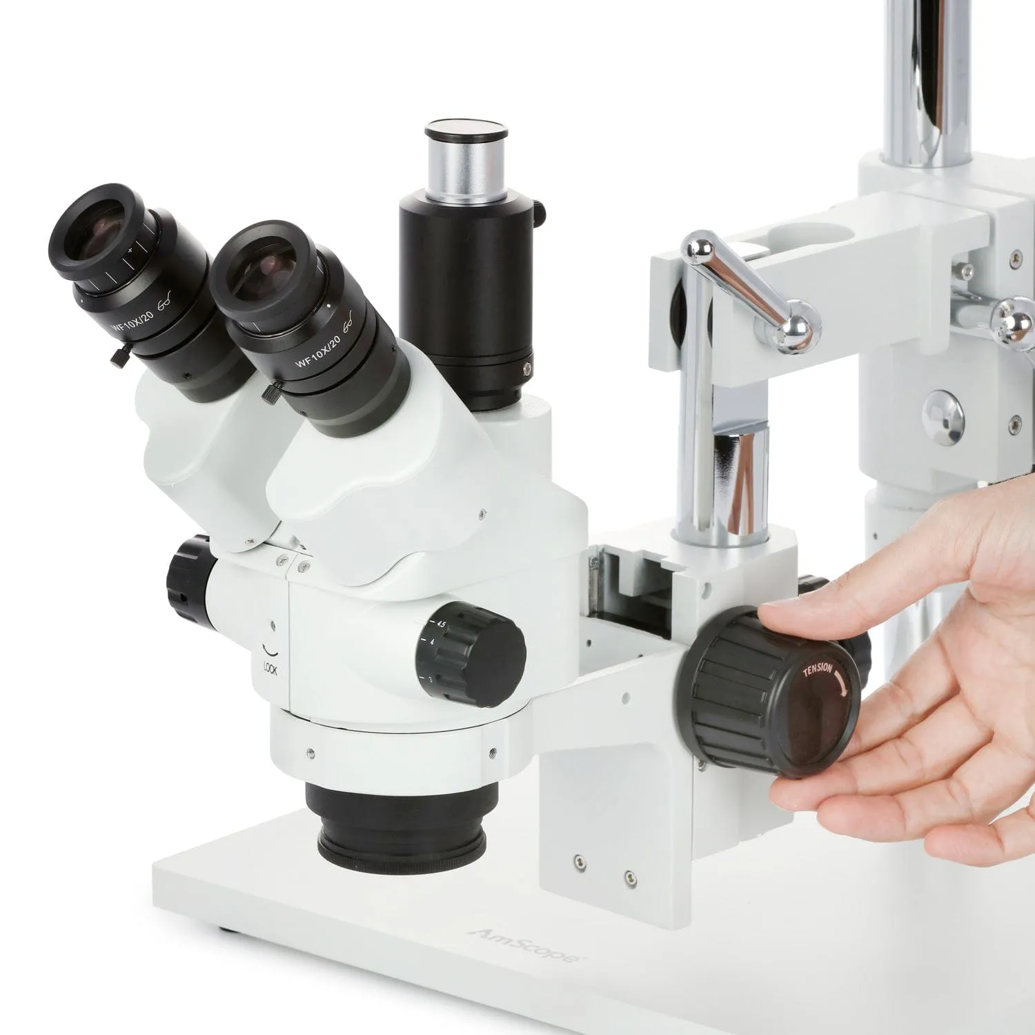 AmScope SM-4 Series Simul-Focal Lockable Zoom Trinocular Stereo Microscope with 30W LED Single Fiber Optic Gooseneck Light and Optional Digital Camera on Double Arm Boom Stand