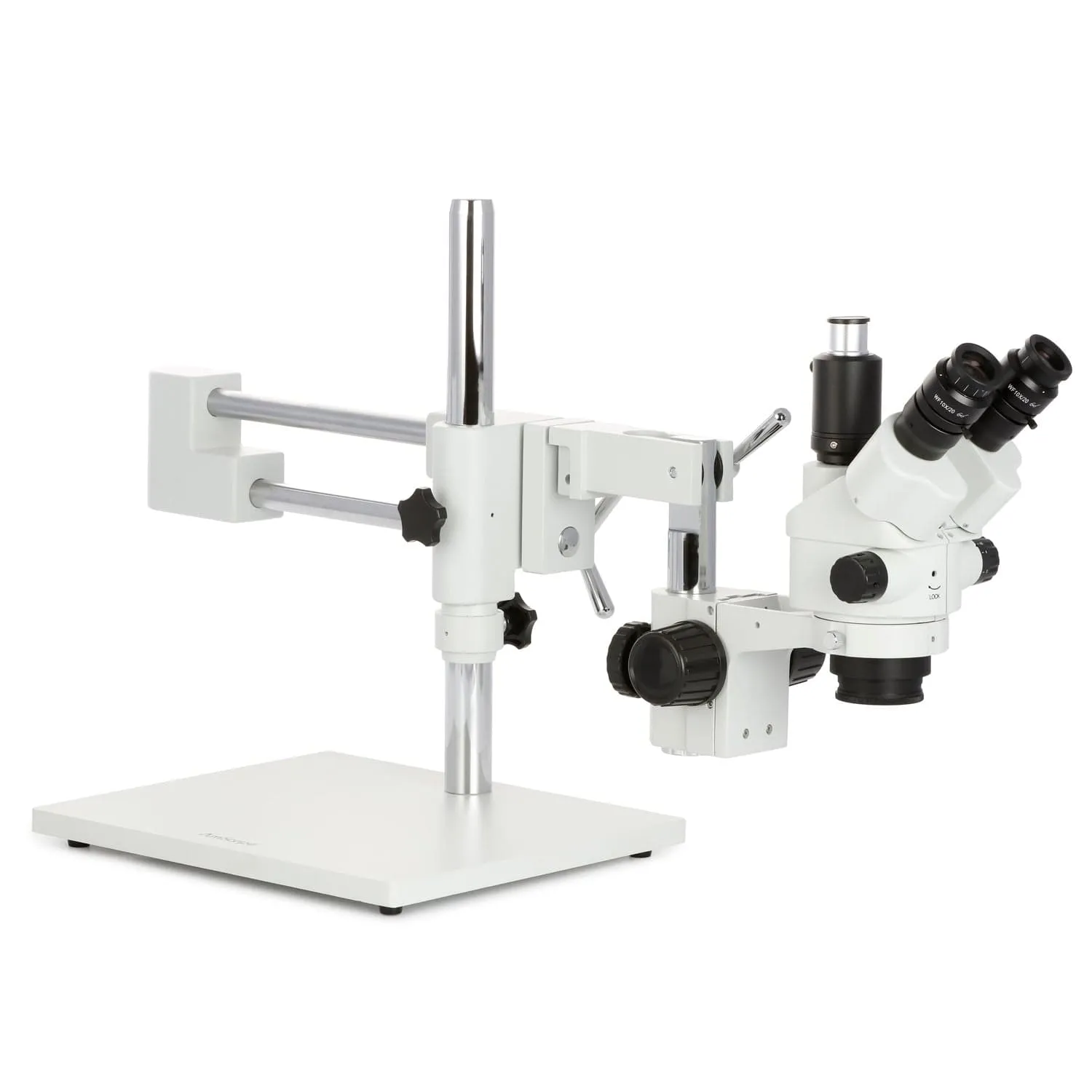 AmScope SM-4 Series Simul-Focal Lockable Zoom Trinocular Stereo Microscope with 30W LED Single Fiber Optic Gooseneck Light and Optional Digital Camera on Double Arm Boom Stand