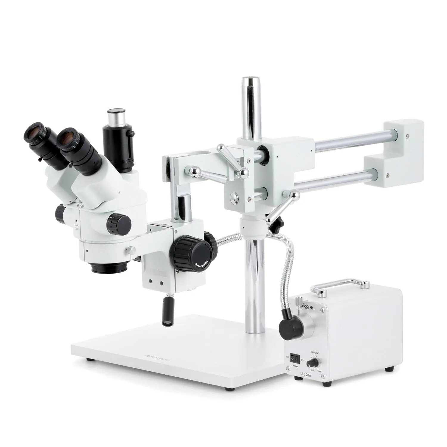 AmScope SM-4 Series Simul-Focal Lockable Zoom Trinocular Stereo Microscope with 30W LED Single Fiber Optic Gooseneck Light and Optional Digital Camera on Double Arm Boom Stand
