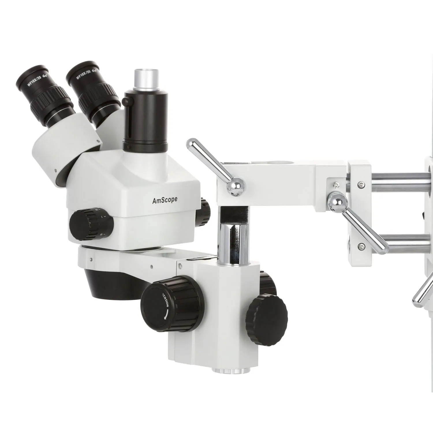 AmScope SM-4 Series Simul-Focal Zoom Trinocular Stereo Microscope with 30W LED Dual Gooseneck Fiber Optic Lights and Optional Digital Camera on Double Arm Boom Stand