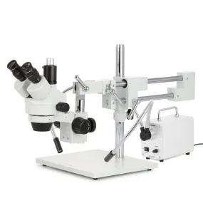 AmScope SM-4 Series Simul-Focal Zoom Trinocular Stereo Microscope with 30W LED Dual Gooseneck Fiber Optic Lights and Optional Digital Camera on Double Arm Boom Stand