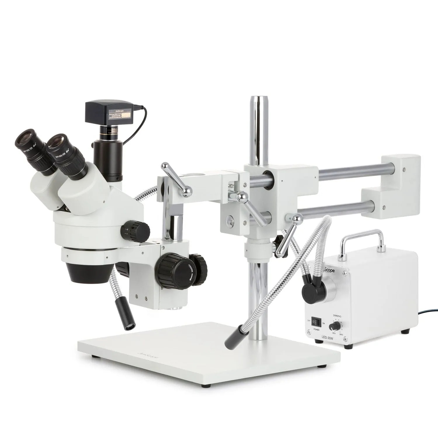 AmScope SM-4 Series Simul-Focal Zoom Trinocular Stereo Microscope with 30W LED Dual Gooseneck Fiber Optic Lights and Optional Digital Camera on Double Arm Boom Stand