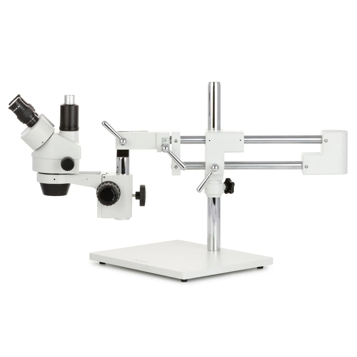 AmScope SM-4 Series Simul-Focal Zoom Trinocular Stereo Microscope with 30W LED Dual Gooseneck Fiber Optic Lights and Optional Digital Camera on Double Arm Boom Stand