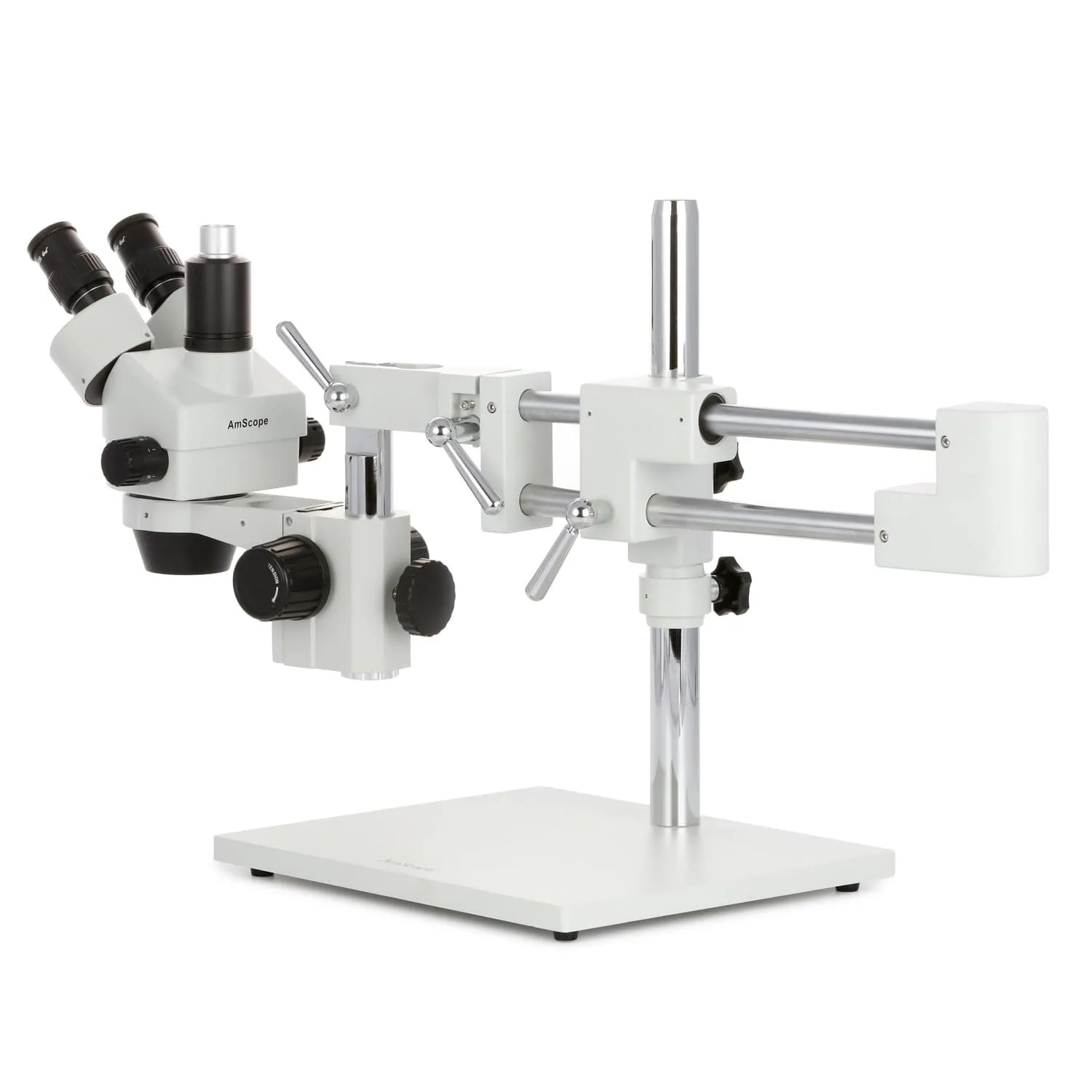 AmScope SM-4 Series Simul-Focal Zoom Trinocular Stereo Microscope with 30W LED Dual Gooseneck Fiber Optic Lights and Optional Digital Camera on Double Arm Boom Stand