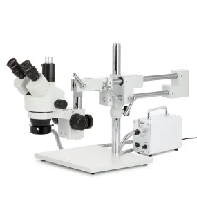 AmScope SM-4 Series Simul-Focal Zoom Trinocular Stereo Microscope with 30W LED Fiber Optic Ring Light and Optional Digital Camera on Double Arm Boom Stand
