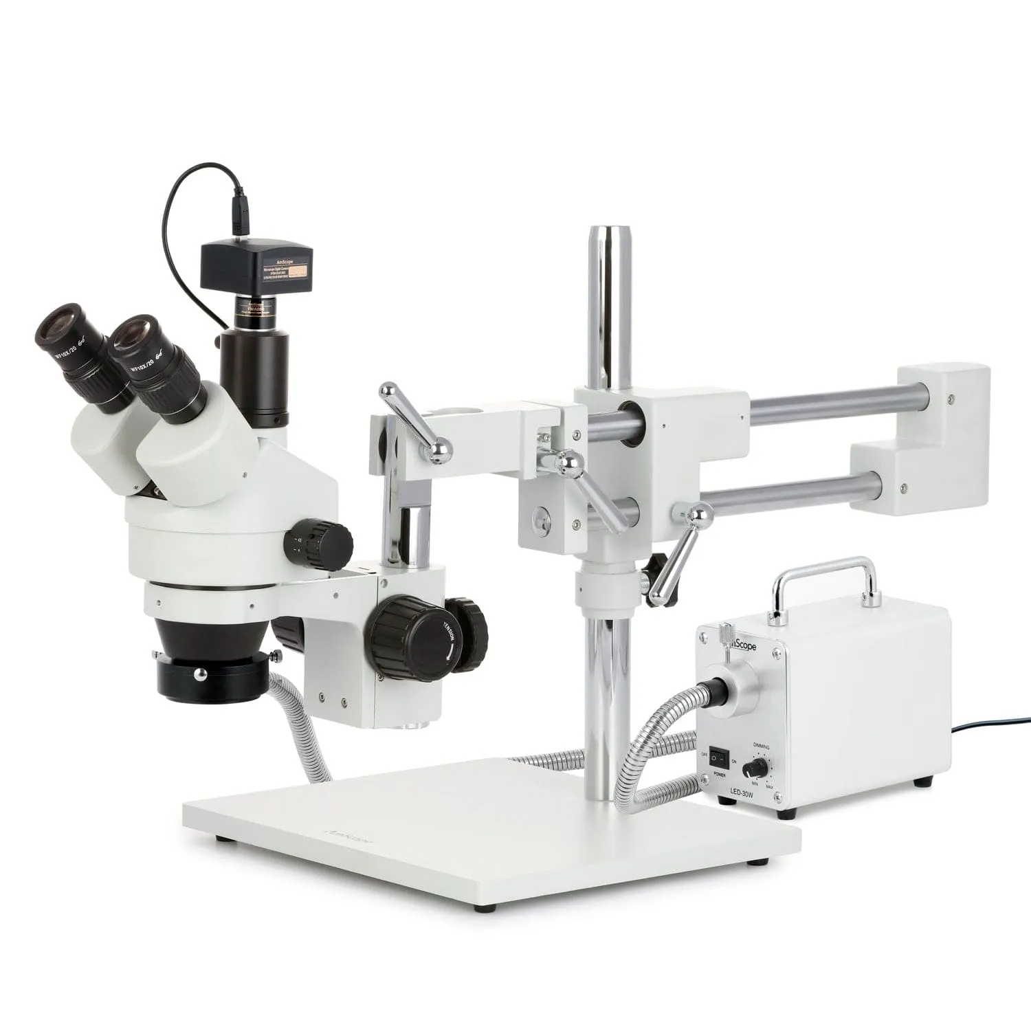 AmScope SM-4 Series Simul-Focal Zoom Trinocular Stereo Microscope with 30W LED Single Fiber Optic Gooseneck Light and Optional Digital Camera on Double Arm Boom Stand