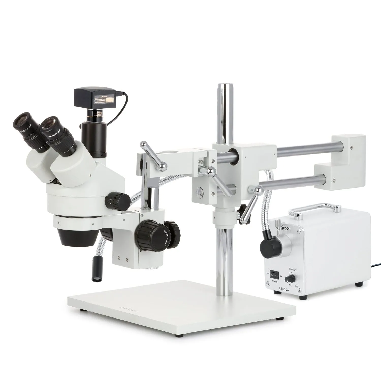 AmScope SM-4 Series Simul-Focal Zoom Trinocular Stereo Microscope with 30W LED Single Fiber Optic Gooseneck Light and Optional Digital Camera on Double Arm Boom Stand