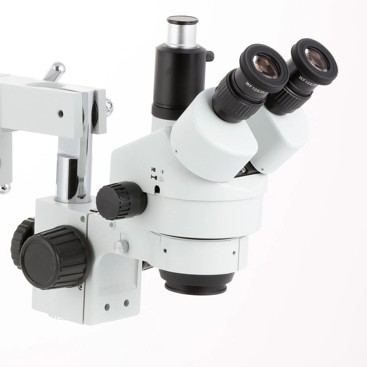 AmScope SM-4 Series Simul-Focal Zoom Trinocular Stereo Microscope with 30W LED Single Fiber Optic Gooseneck Light and Optional Digital Camera on Double Arm Boom Stand