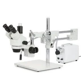 AmScope SM-4 Series Simul-Focal Zoom Trinocular Stereo Microscope with 30W LED Single Fiber Optic Gooseneck Light and Optional Digital Camera on Double Arm Boom Stand