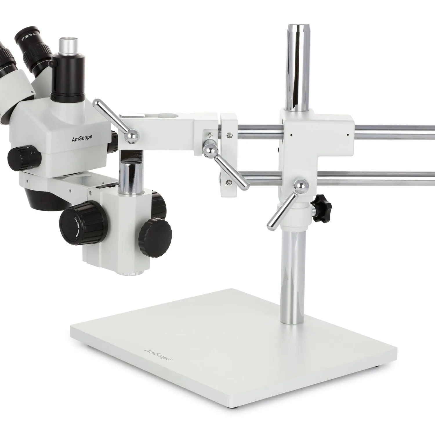 AmScope SM-4 Series Simul-Focal Zoom Trinocular Stereo Microscope with 30W LED Single Fiber Optic Gooseneck Light and Optional Digital Camera on Double Arm Boom Stand