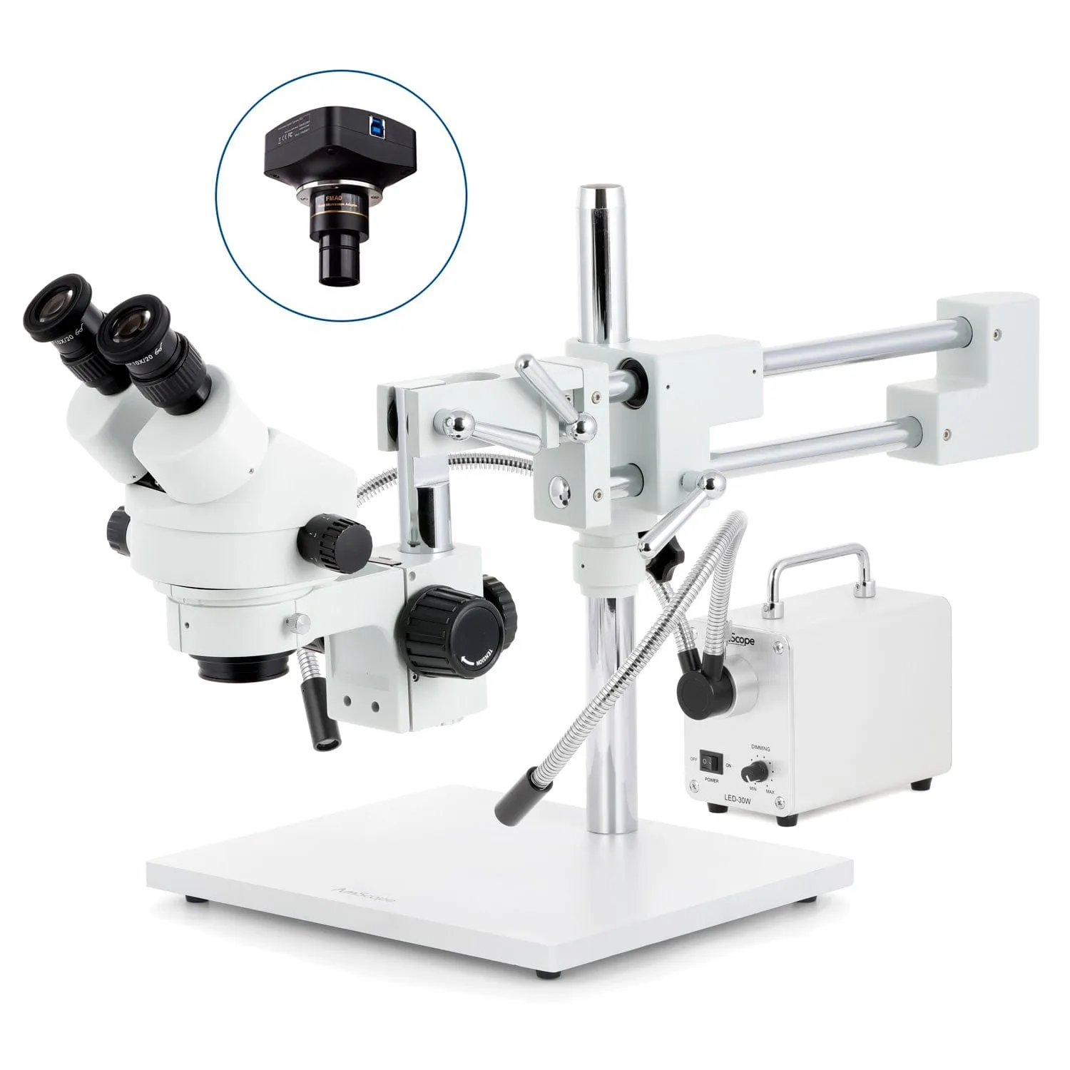 AmScope SM-4 Series Zoom Binocular Stereo Microscope with 30W LED Dual Gooseneck Fiber Optic Lights and Optional Digital Camera on Double Arm Boom Stand