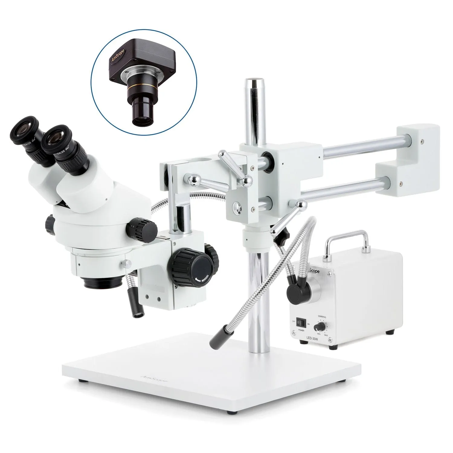 AmScope SM-4 Series Zoom Binocular Stereo Microscope with 30W LED Dual Gooseneck Fiber Optic Lights and Optional Digital Camera on Double Arm Boom Stand
