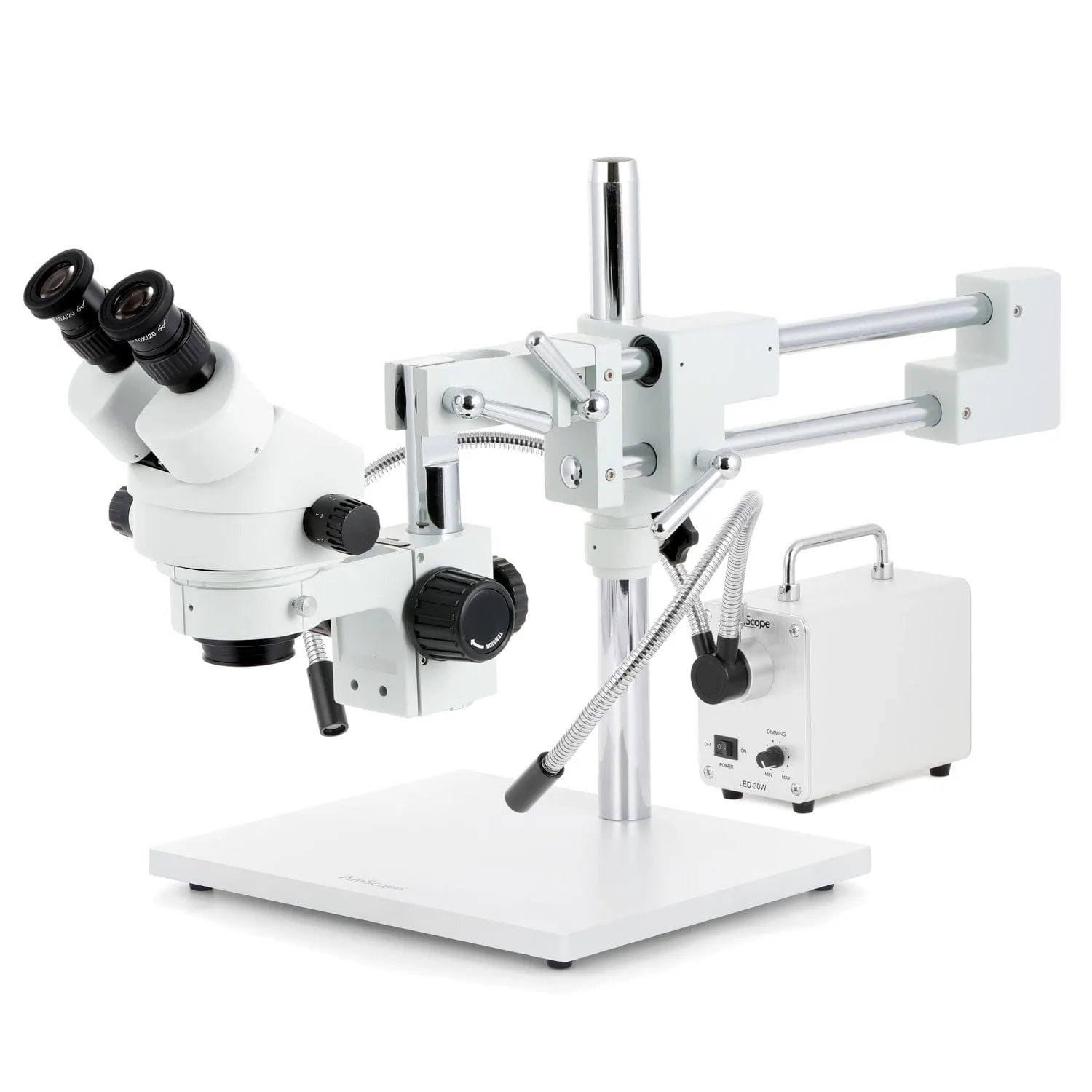 AmScope SM-4 Series Zoom Binocular Stereo Microscope with 30W LED Dual Gooseneck Fiber Optic Lights and Optional Digital Camera on Double Arm Boom Stand