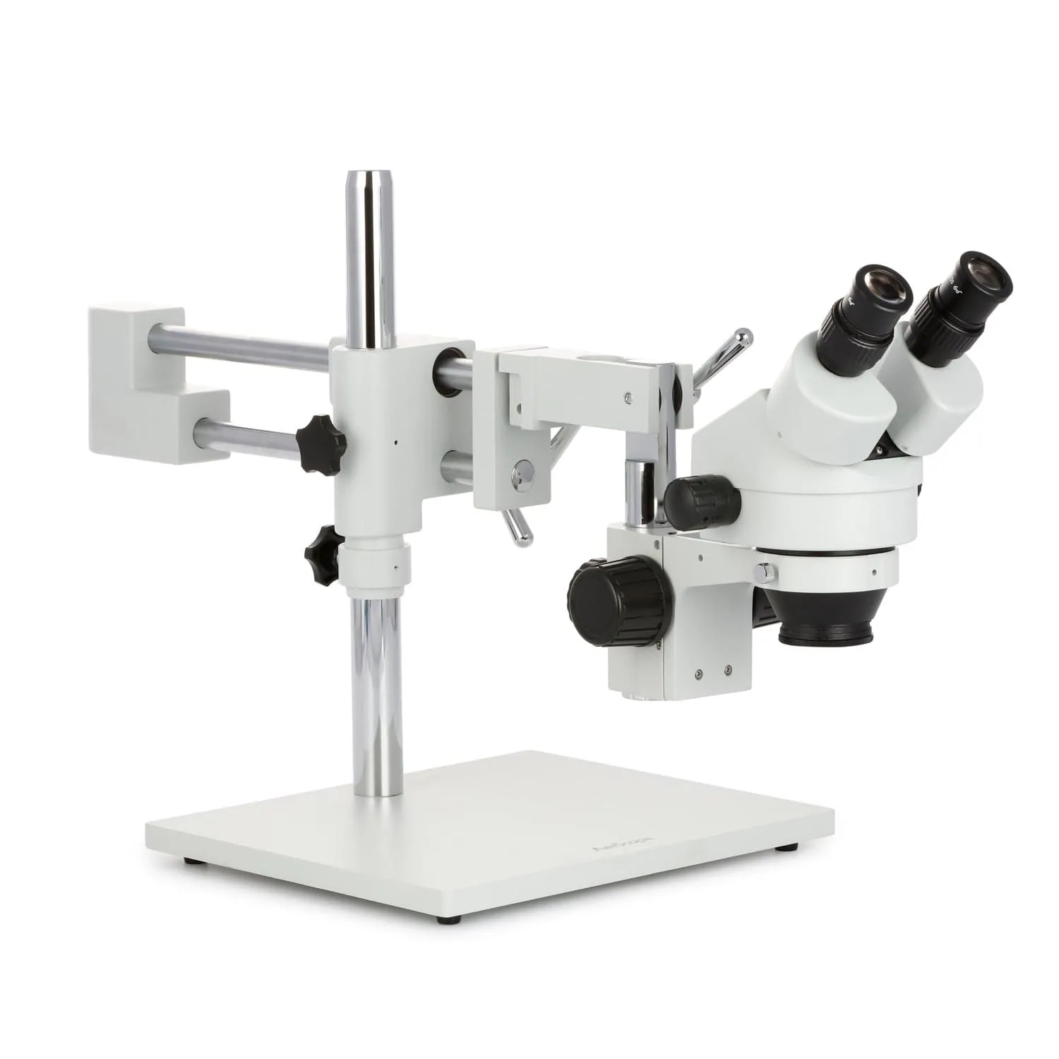 AmScope SM-4 Series Zoom Binocular Stereo Microscope with 30W LED Dual Gooseneck Fiber Optic Lights and Optional Digital Camera on Double Arm Boom Stand