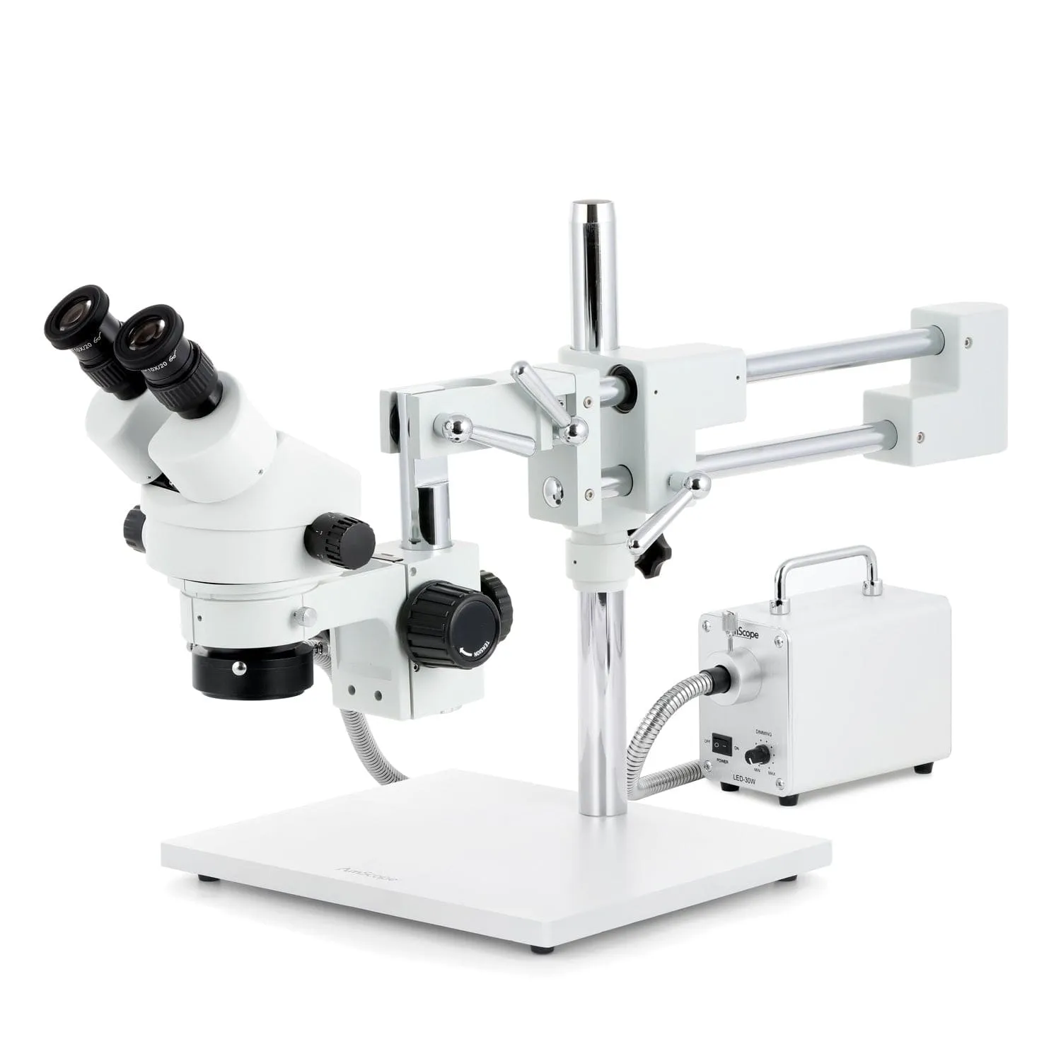 AmScope SM-4 Series Zoom Binocular Stereo Microscope with 30W LED Fiber Optic Ring Light and Optional Digital Camera on Double Arm Boom Stand