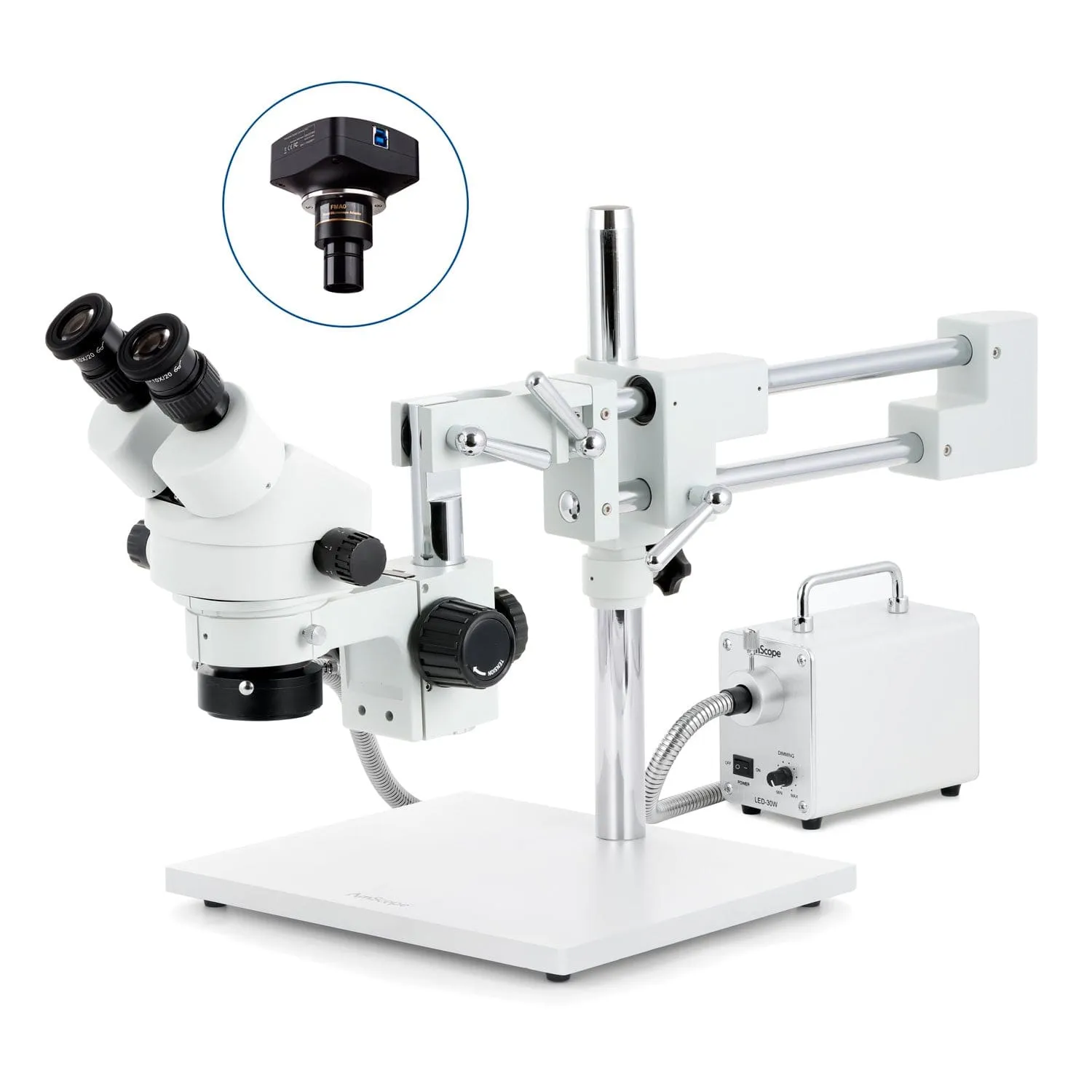 AmScope SM-4 Series Zoom Binocular Stereo Microscope with 30W LED Fiber Optic Ring Light and Optional Digital Camera on Double Arm Boom Stand