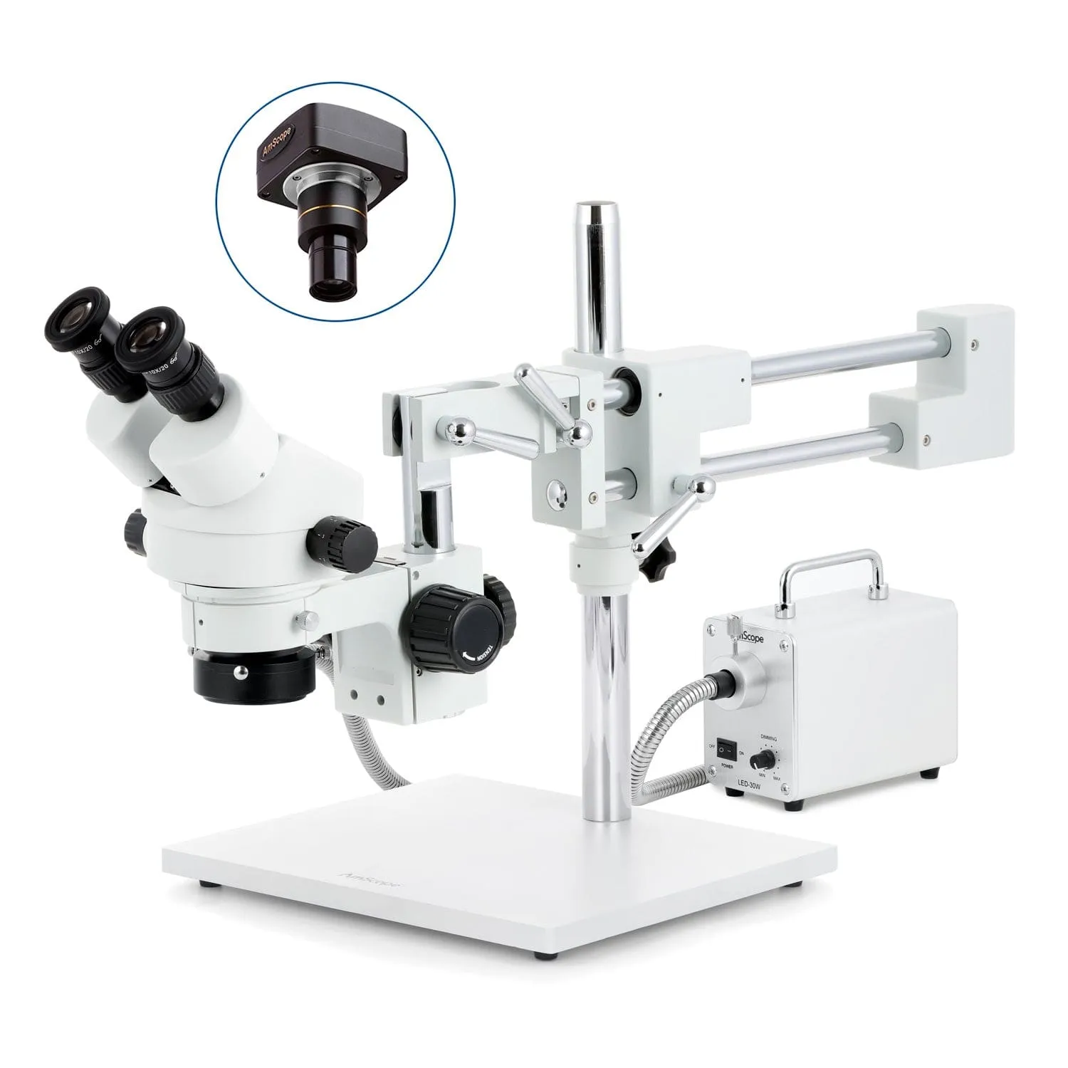 AmScope SM-4 Series Zoom Binocular Stereo Microscope with 30W LED Fiber Optic Ring Light and Optional Digital Camera on Double Arm Boom Stand