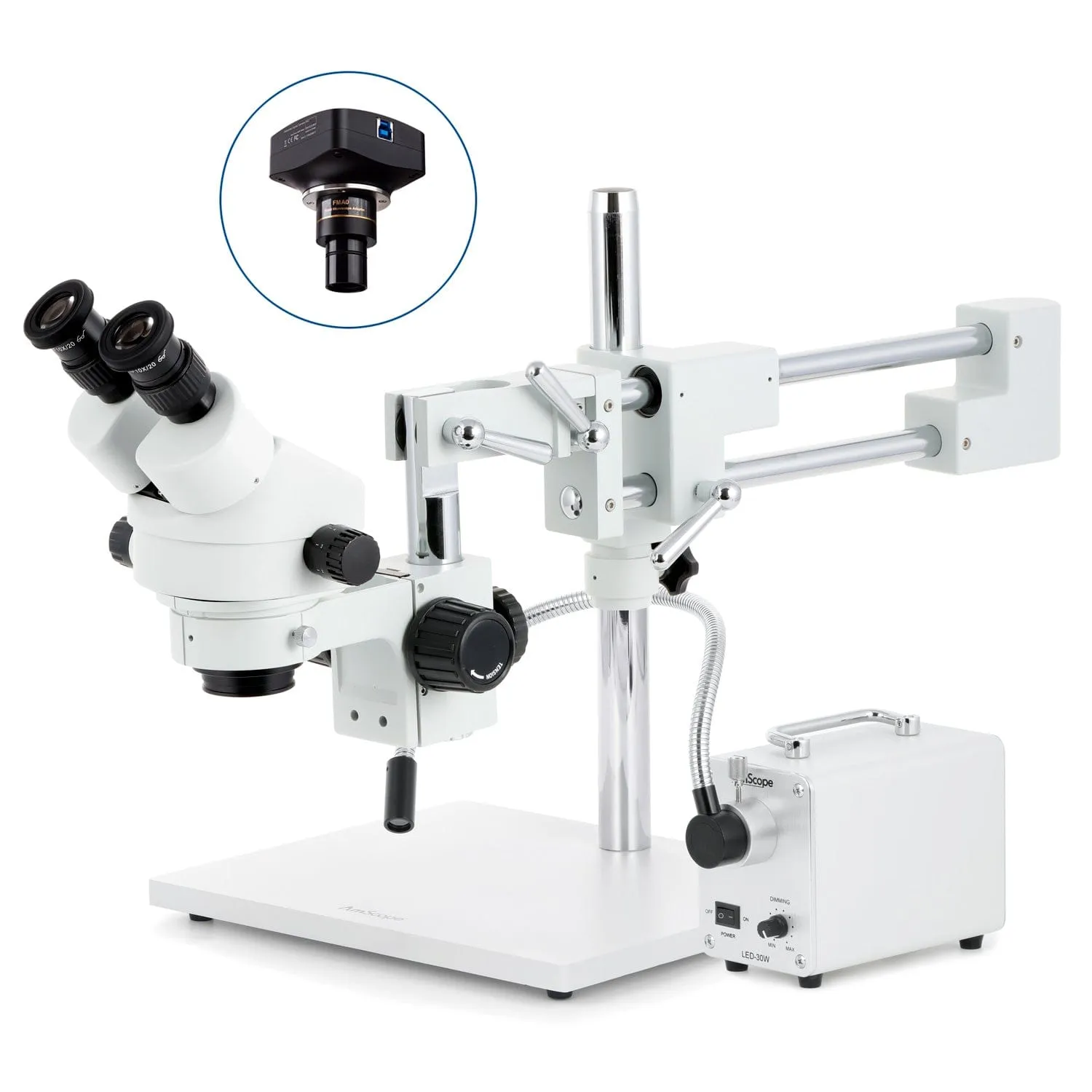 AmScope SM-4 Series Zoom Binocular Stereo Microscope with 30W LED Single Fiber Optic Gooseneck Light and Optional Digital Camera on Double Arm Boom Stand