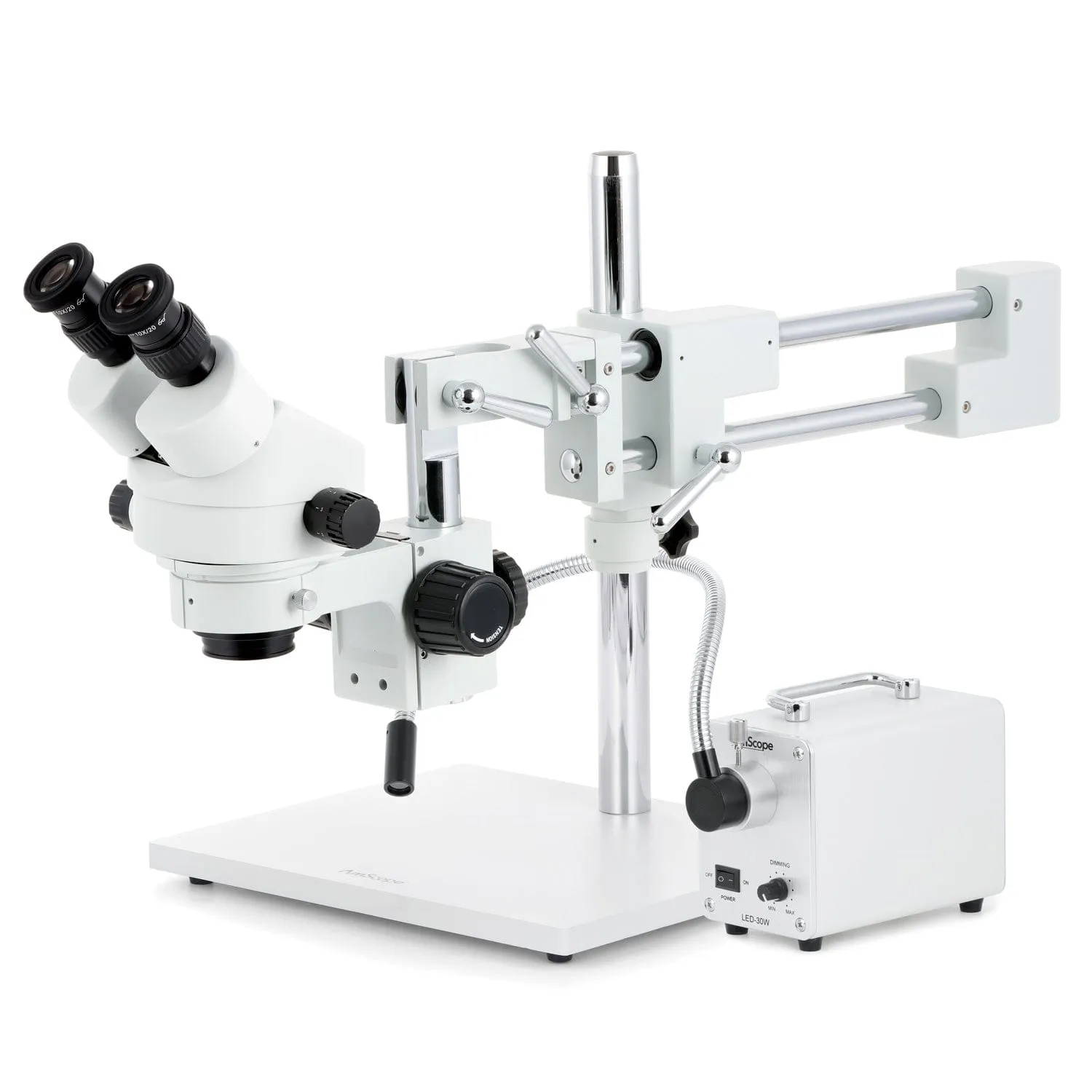 AmScope SM-4 Series Zoom Binocular Stereo Microscope with 30W LED Single Fiber Optic Gooseneck Light and Optional Digital Camera on Double Arm Boom Stand
