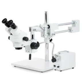 AmScope SM-4 Series Zoom Binocular Stereo Microscope with 30W LED Single Fiber Optic Gooseneck Light and Optional Digital Camera on Double Arm Boom Stand