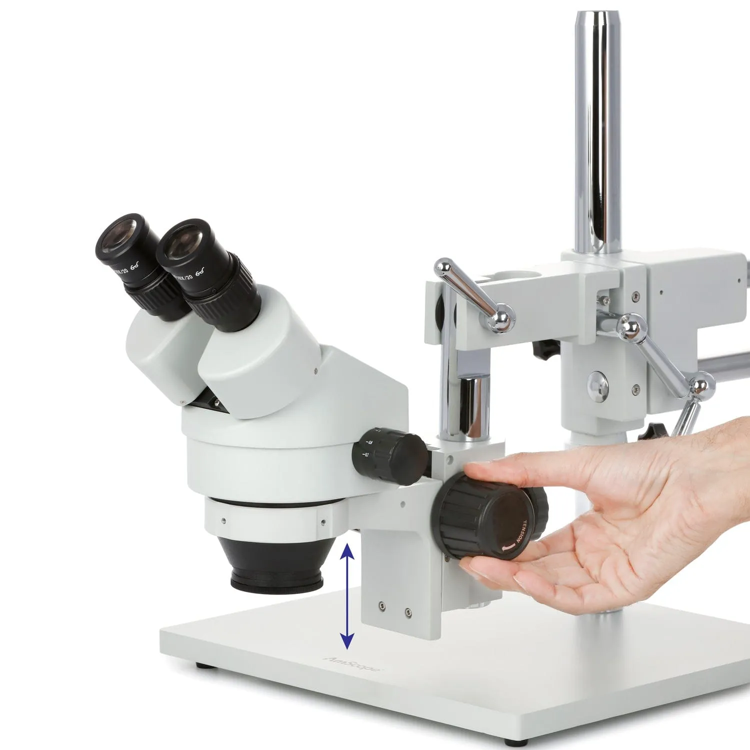 AmScope SM-4 Series Zoom Binocular Stereo Microscope with 30W LED Single Fiber Optic Gooseneck Light and Optional Digital Camera on Double Arm Boom Stand