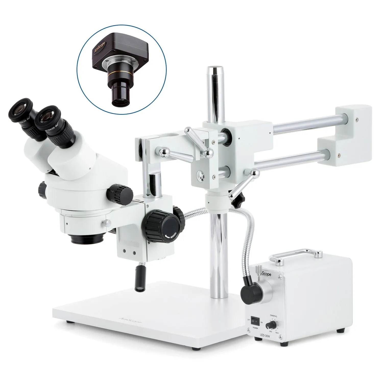 AmScope SM-4 Series Zoom Binocular Stereo Microscope with 30W LED Single Fiber Optic Gooseneck Light and Optional Digital Camera on Double Arm Boom Stand